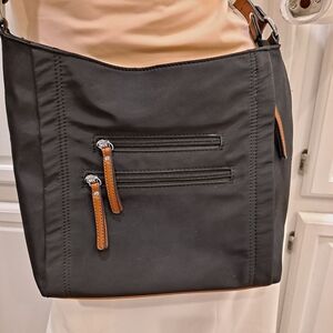 Mathew + Julian Black Nylon and Tan Leather Trim Lightweight Crossbody Bag